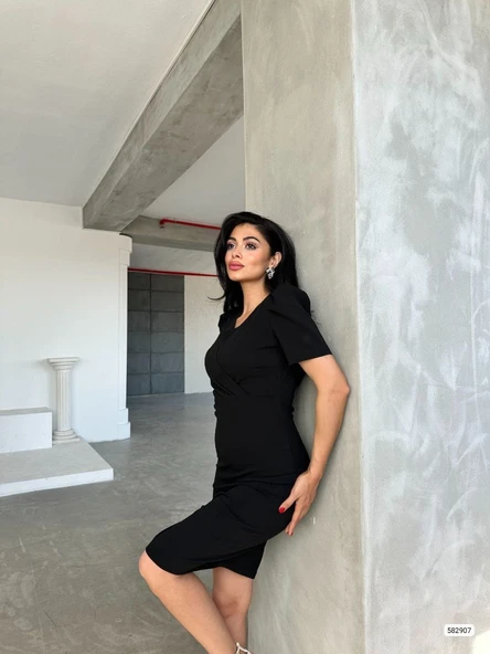 Kadın Kruvaze Yaka Yandan Yırtmaç Detaylı Scuba Krep Kumaş Midi Boy Elbise - Resim 9