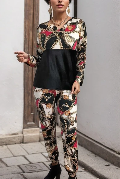 Kadın Uzun Kollu V Yaka Göğüs Altı Kadife Detay Mikro Ikili Takım - Resim 8