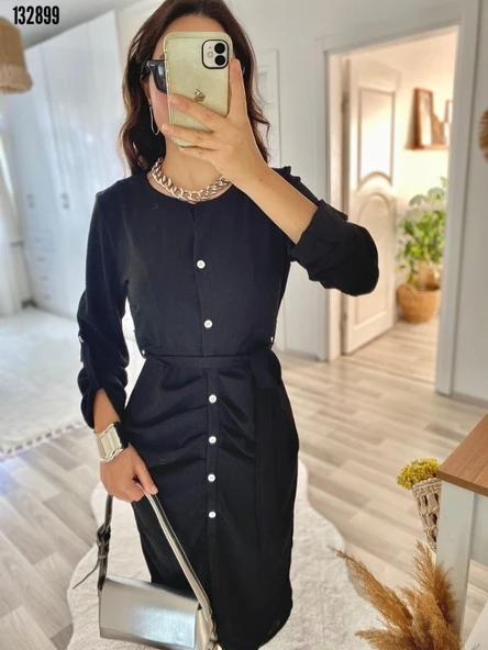 Kadın Uzun Kollu önden Düğmeli Beli Kuşaklı Aerobin Midi Elbise - Resim 2