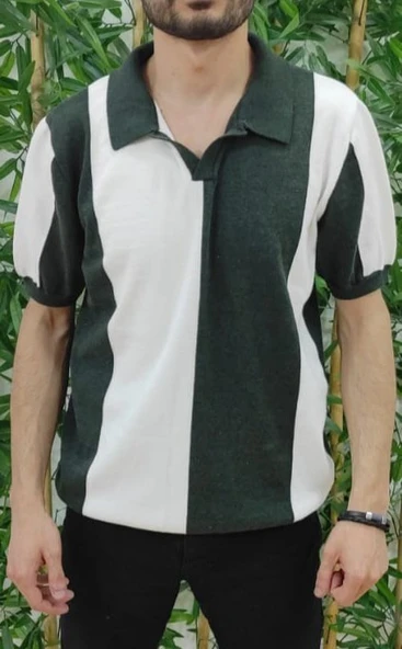 Erkek Kısa Kollu Polo Yakalı Blok Desenli Triko Tişört - Resim 4