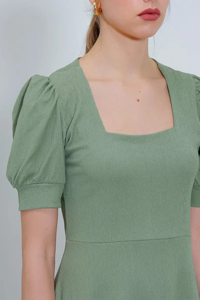 Çağla Yeşili Kare Yaka Örme Mini Elbise - 4