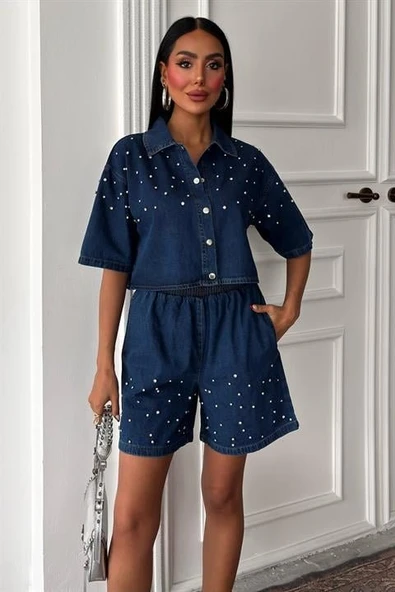 Taş Detaylı Gömlek Şort Denim Takım 10175 - Resim 5