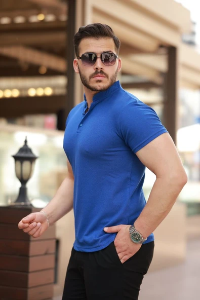 Erkek Hakim Yaka Dokuma Pamuklu Kumaş Kısa Kollu T-shirt - Resim 2