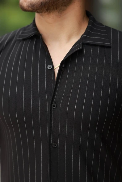 Erkek Kısa Kollu çizgili Gömlek - Resim 3