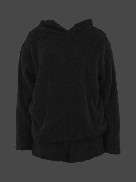 Kadın Uzun Kollu Meow Kedi Nakışlı Kapşonlu Peluş Sweat Ve Short Ikili Takım - Resim 2