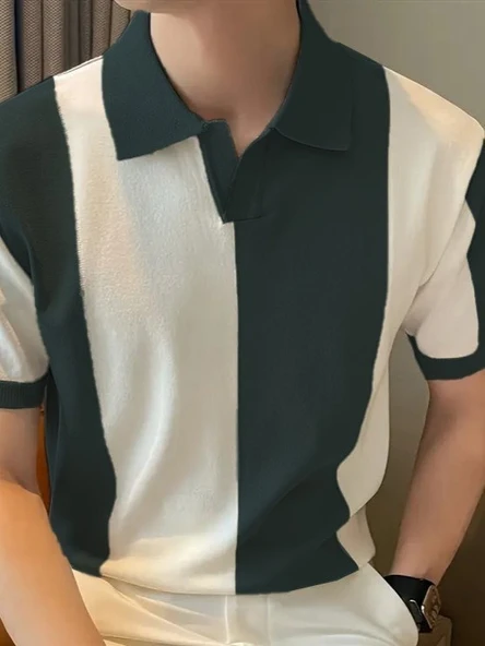 Erkek Kısa Kollu Polo Yakalı Blok Desenli Triko Tişört - Resim 2