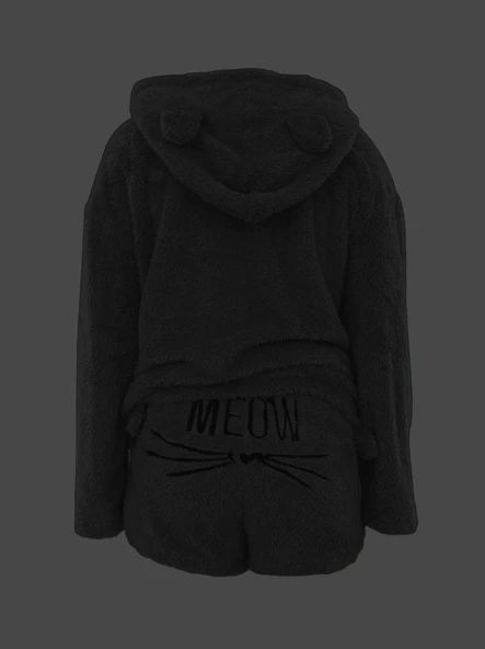 Kadın Uzun Kollu Meow Kedi Nakışlı Kapşonlu Peluş Sweat Ve Short Ikili Takım - Resim 3