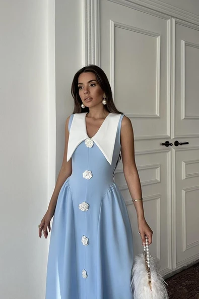 Mavi Gül Detaylı Atlas Elbise - Resim 3