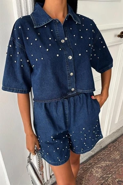 Taş Detaylı Gömlek Şort Denim Takım 10175 - Resim 3