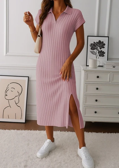 Kadın Kısa Kollu Yakalı Yandan Yırtmaçlı Kalın Fitilli Kaşkorse Elbise ürün görseli 1