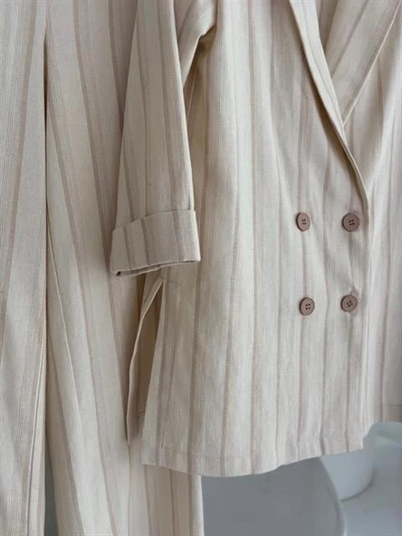 Blazer Ceketli Çizgili Keten Takım 10186 - Resim 11