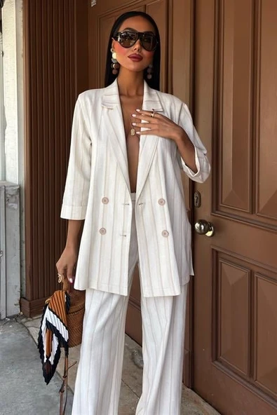 Blazer Ceketli Çizgili Keten Takım 10186 - Resim 5