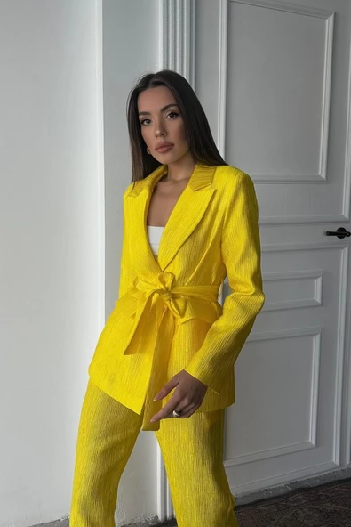 Neon Beli Kuşaklı Ceket Ve Pantolon Parlak Takım - Resim 4