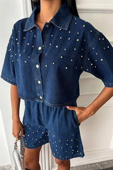 Taş Detaylı Gömlek Şort Denim Takım 10175 - Resim 6