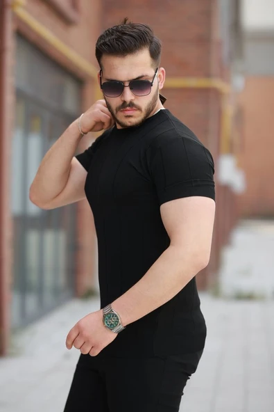 Erkek Ince çizgi Dokulu Bisiklet Yaka Kısa Kollu T-shirt - Resim 2