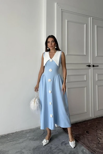 Mavi Gül Detaylı Atlas Elbise - Resim 2