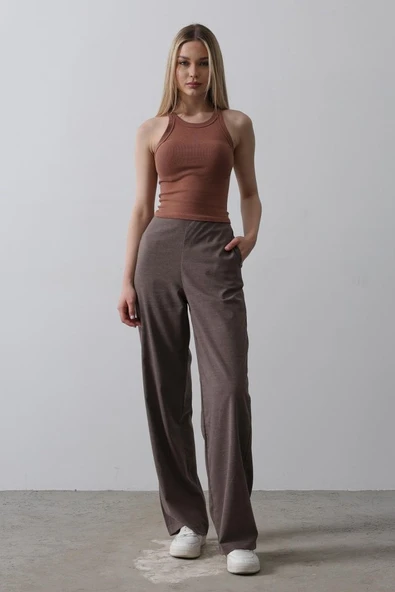 Beli Yarım Lastikli Palazzo Pantolon - Kahve - Resim 2