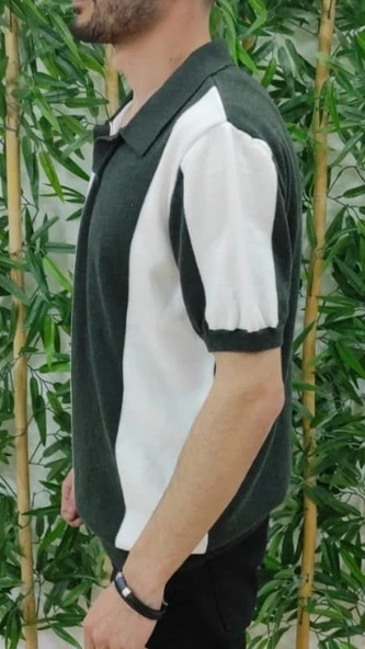 Erkek Kısa Kollu Polo Yakalı Blok Desenli Triko Tişört - Resim 5