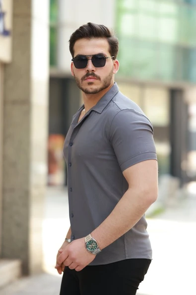 Erkek Apaj Yaka Kısa Kollu Gömlek - Resim 2