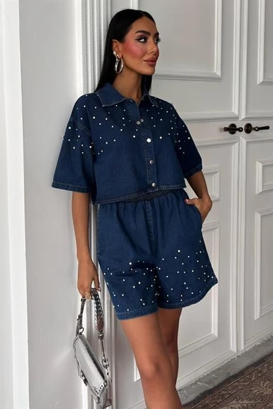 Taş Detaylı Gömlek Şort Denim Takım 10175 ürün görseli 1