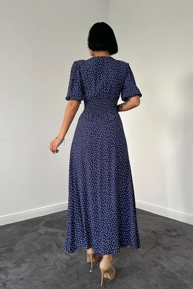 Lacivert Arka Ve Bel Ucu Gipeli Elbise - Resim 3