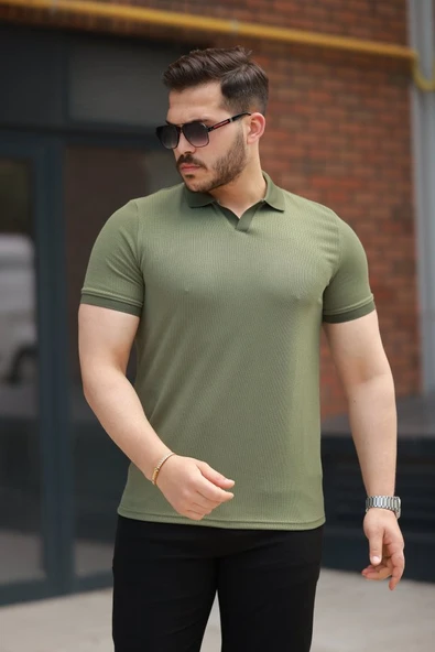 Erkek Yakalı Waffle Dokulu Kısa Kollu Tişört ürün görseli 1