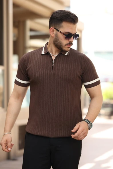 Erkek Yaka Ve Kolları çizgi Detaylı Fermuarlı Kısa Kollu T-shirt ürün görseli 1