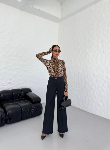 230 Gr Poly Viscose Lycra Metal Düğme Palazzo Pantolon - Resim 4