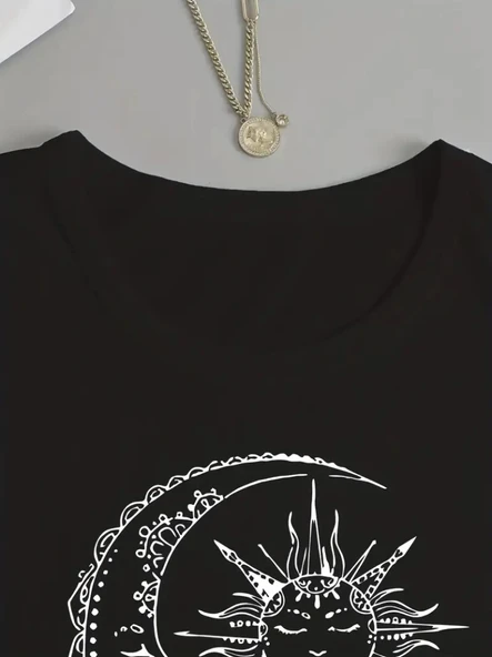 Kadın Uzun Kollu Bisiklet Yaka Ay Baskılı Viskon Bluz - Resim 3