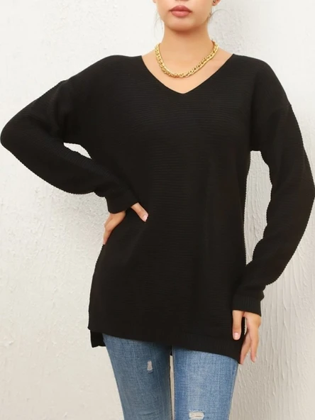 Kadın Uzun Kollu V Yaka Triko Bluz - Resim 3