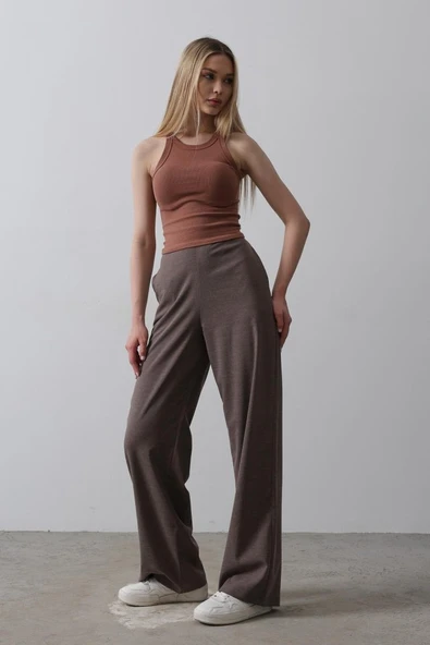 Beli Yarım Lastikli Palazzo Pantolon - Kahve ürün görseli 1