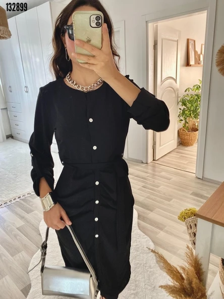 Kadın Uzun Kollu önden Düğmeli Beli Kuşaklı Aerobin Midi Elbise - Resim 4