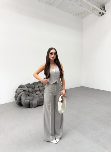 Toskana Çi̇zgi̇li̇ Kruvaze Yaka Tek Düğmeli̇ Yelek Pantolon Takim - Resim 3