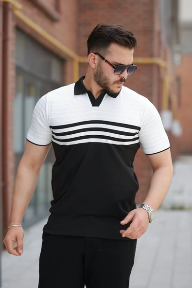 Erkek çizgi Desenli Yakalı Kısa Kollu T-shirt ürün görseli 1