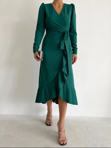 Kadın Yeşil Krep Kumaş Midi Boy Kuşaklı Uzunkol Elbise - Resim 6