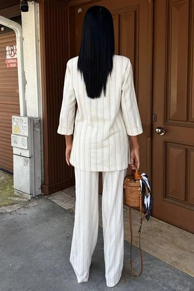 Blazer Ceketli Çizgili Keten Takım 10186 - Resim 3