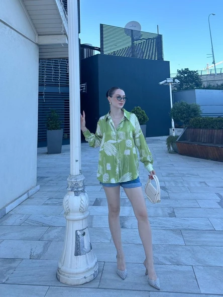 Kadın Uzun Kollu Dijital Baskılı Salaş Saten Gömlek - Resim 3