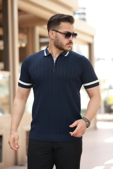 Erkek Yaka Ve Kolları çizgi Detaylı Fermuarlı Kısa Kollu T-shirt ürün görseli 1