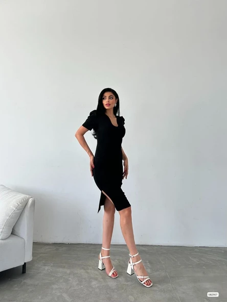 Kadın Kruvaze Yaka Yandan Yırtmaç Detaylı Scuba Krep Kumaş Midi Boy Elbise - Resim 4