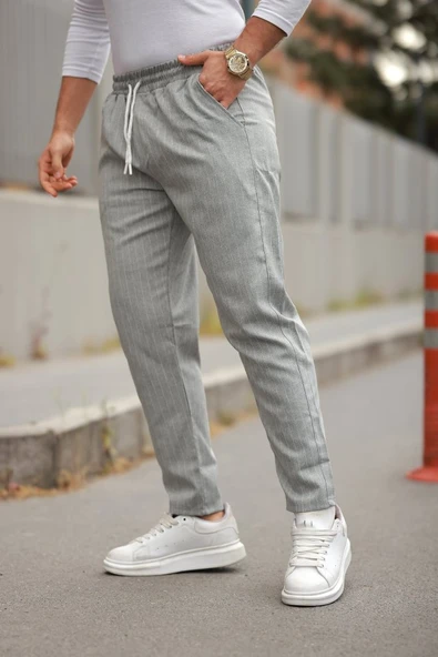 Erkek Beli Bağcıklı çizgili Pantolon - Resim 2