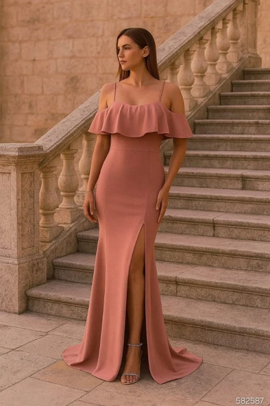 Kadın Dalgıç Krep Yırtmaç Detaylı Askılı Maxi Boy Elbise ürün görseli 1