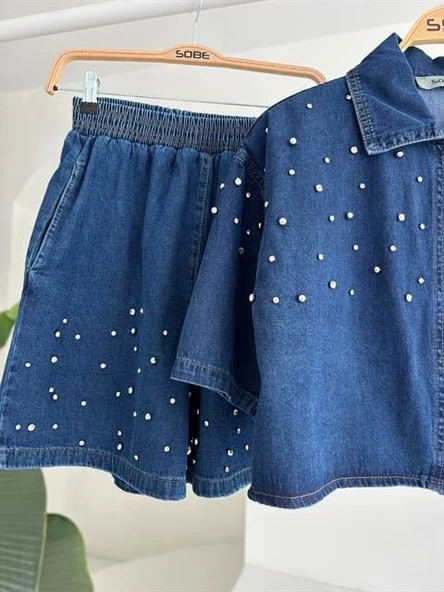 Taş Detaylı Gömlek Şort Denim Takım 10175 - Resim 11