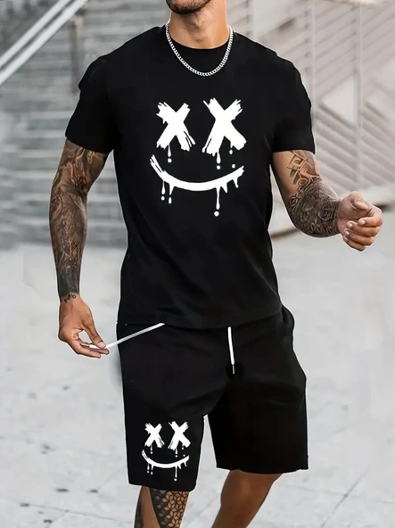 Erkek Kısa Kollu Bisiklet Yaka Baskılı Tişört Ipli Short Iki Iplik Takım - Resim 3