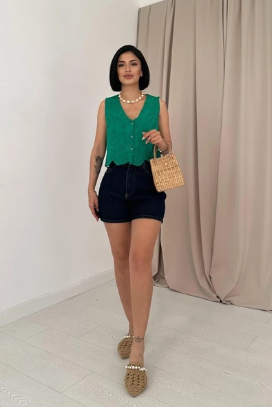 Yeşil Sıfır Kol Brode Bluz - Resim 2