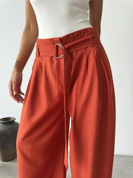 PALAZZO PANTOLON KUMAŞ KEMER DETAYLI - Kiremit - Resim 4