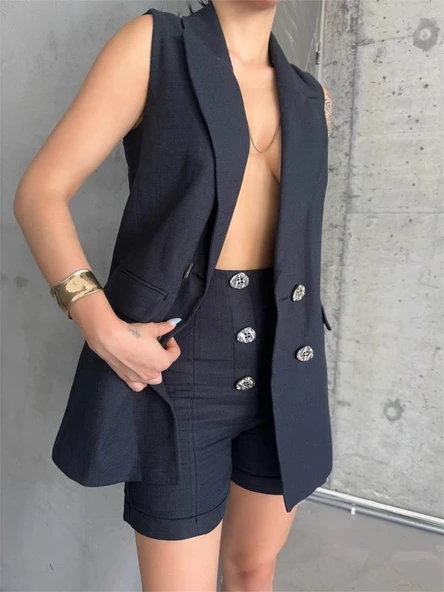 KETEN YELEK - ŞORT TAKIM - Siyah - Resim 2