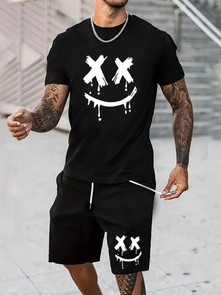 Erkek Kısa Kollu Bisiklet Yaka Baskılı Tişört Ipli Short Iki Iplik Takım ürün görseli