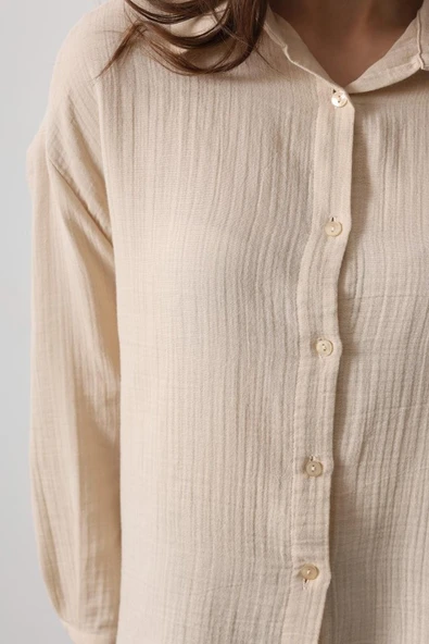 Müslin Uzun Kol Gömlek - Bej - Resim 4