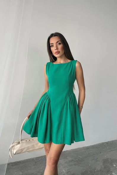 Yeşil Mini Boy Büzgülü Keten Elbise - 4