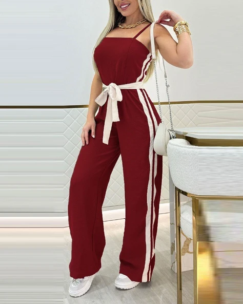 Kadın Ip Askılı Straplez Belden Kuşaklı Viskon Iki Iplik Tulum - Resim 2